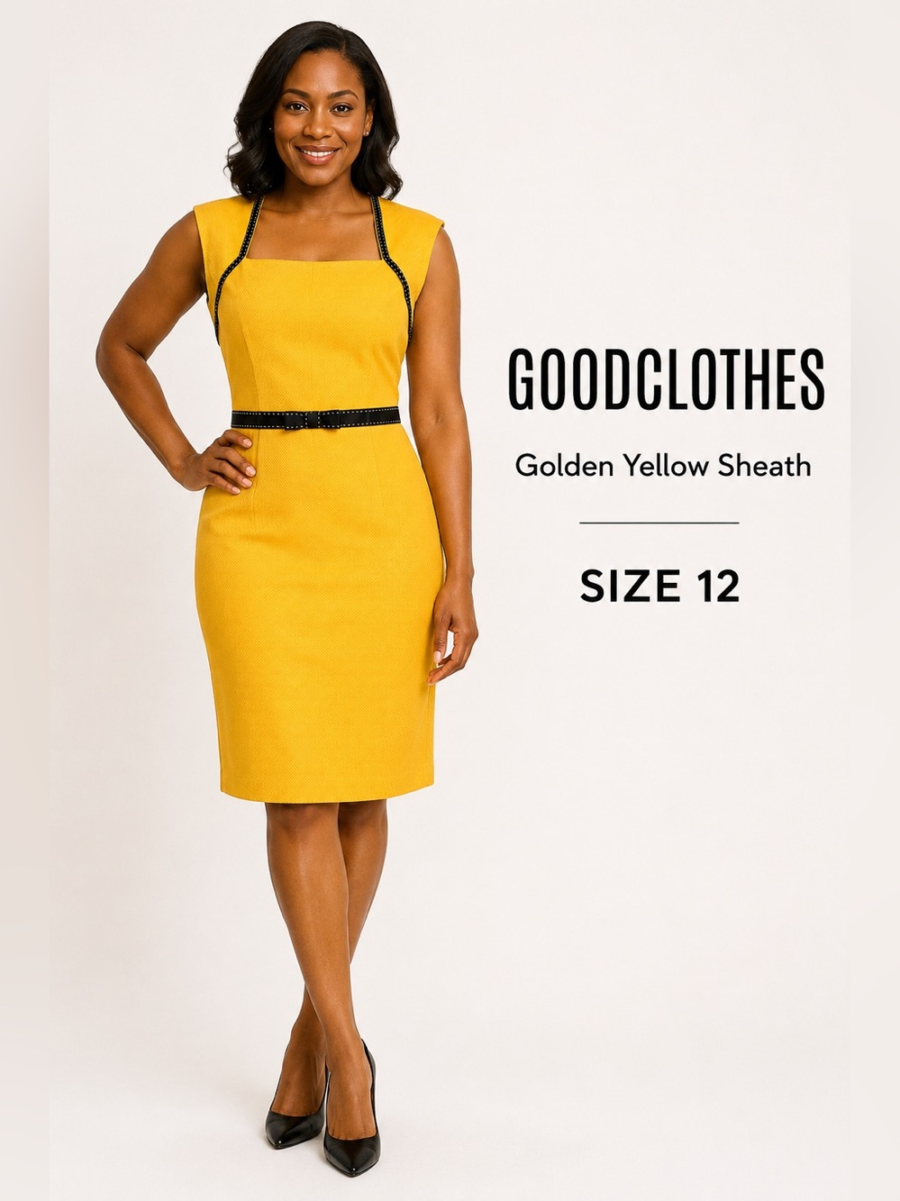Goodclothes Collections Yellow Textured Sheath Dress Black Trim Bow Size 12